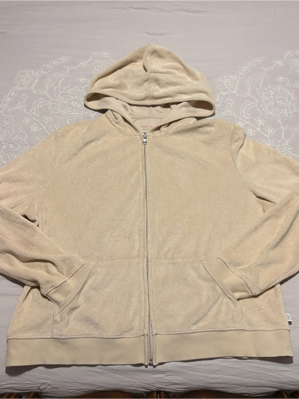 New York & Company Women’s Cream Terry Cloth Hooded Zip-Up Jacket